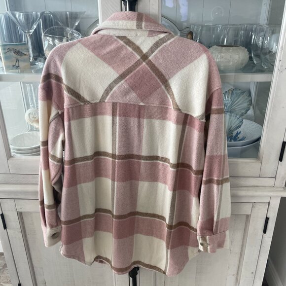 BLACK TAPE SHACKET JACKET PINK CREAM TAUPE PLAID BUTTON DOWN SIZE SMALL NWT - Picture 7 of 10